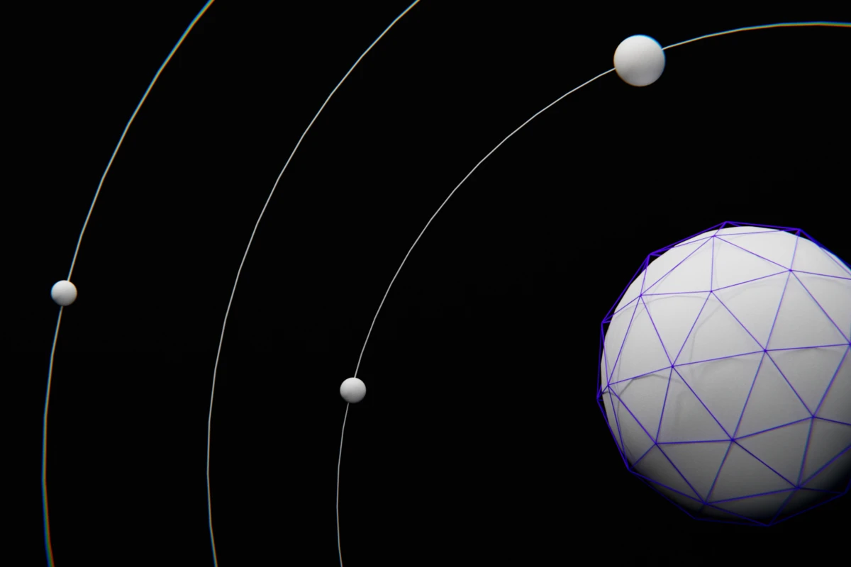 Grafik von Sphäre mit Gitternetz und konzentrischen Ringen mit Satelliten (ähnelt Draufsicht Sonnensystem)