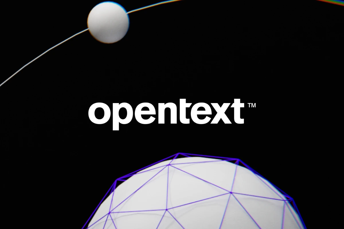 Teilausschnitt geometrische Kugel mit Mond, in der Mitte Logo des CMS-Anbieters OpenText WSM.