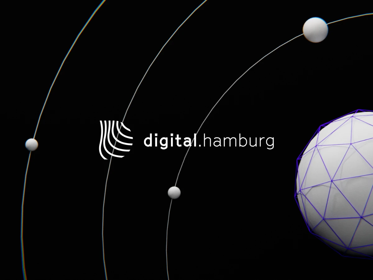 Geometrische Kugel mit konzentrischen Ringen und Monden, in der Mitte Logo der Agentur-Kooperation digital.hamburg.