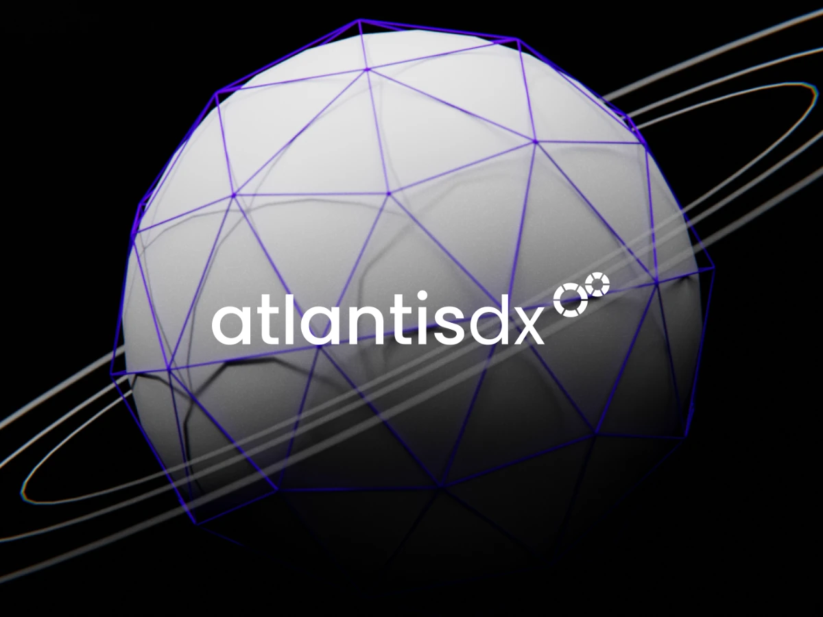 Geometrische Kugel mit Saturnringen und Logo von der Agentur atlantis dx in der Mitte.