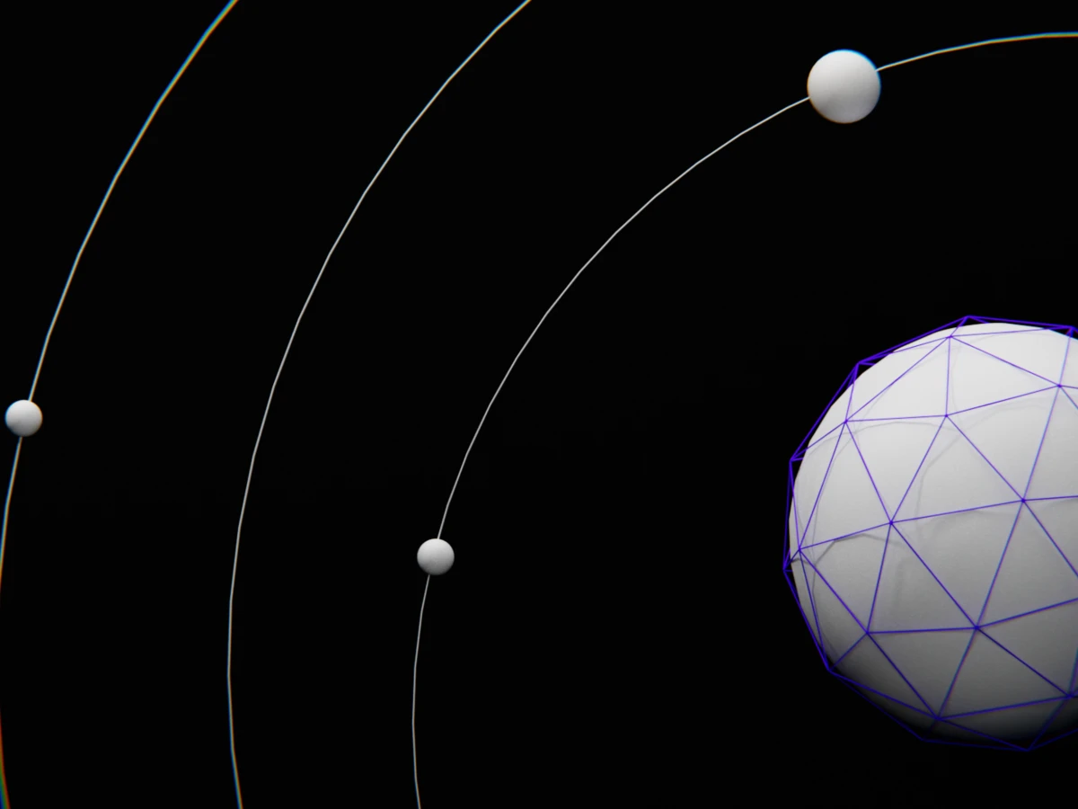 Grafik von Sphäre mit Gitternetz und konzentrischen Ringen mit Satelliten (ähnelt Draufsicht Sonnensystem)