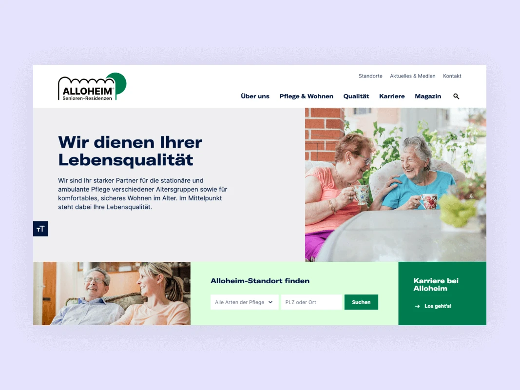 Teaser für Alloheim Seniorenwohnen Website: Startseite der Website