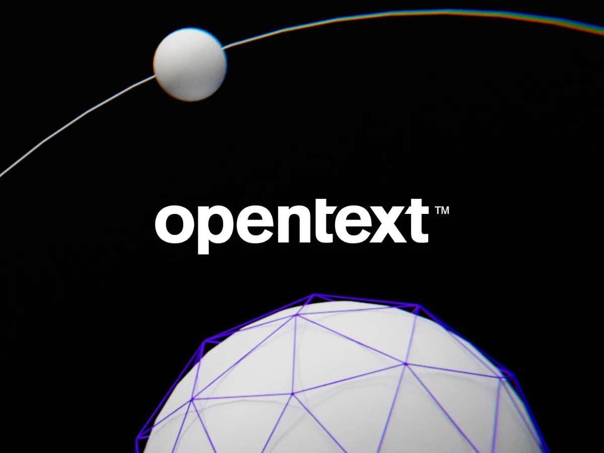 Teilausschnitt geometrische Kugel mit Mond, in der Mitte Logo des CMS-Anbieters OpenText WSM.