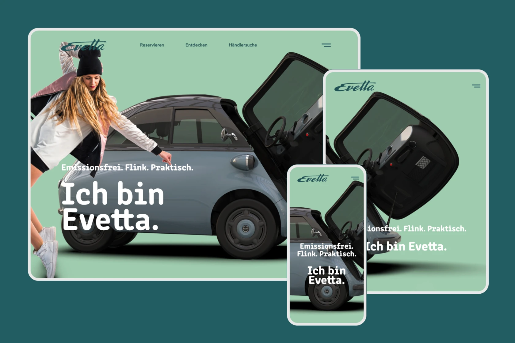 Evetta Website Startseite auf Desktop, Tablet und Smartphone