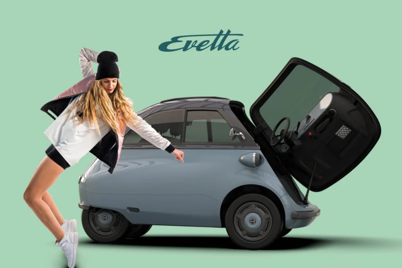 Teaser für electric brands Evetta Website und Bestelltstrecke für E-Autos Case: Frau tanzt vor Evetta Auto
